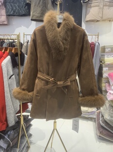 狐狸毛领收腰外套女中长款系带麂皮绒大衣气质羽绒内胆白鸭绒秋冬