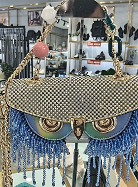 singsing1979猫头鹰面具包时尚烫钻手提单肩斜挎链条小方包