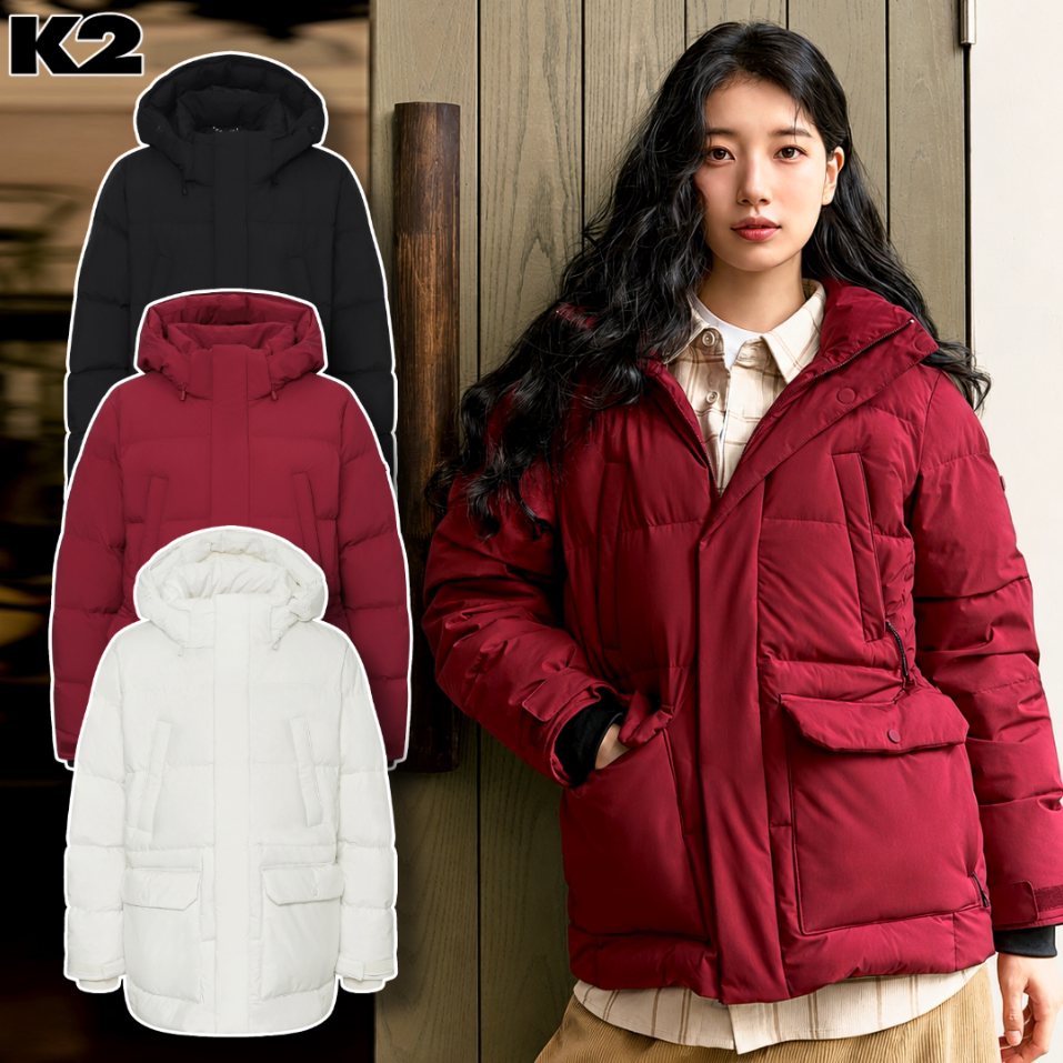 反季特价 韩国正品代购 K2 冬 女 中长款保暖连帽鹅绒羽绒服