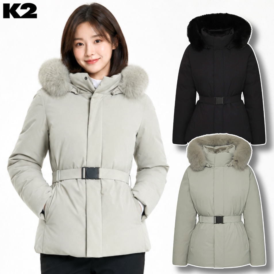 反季特价 韩国代购 K2 冬 女 防水中长款连帽收腰鹅绒羽绒服