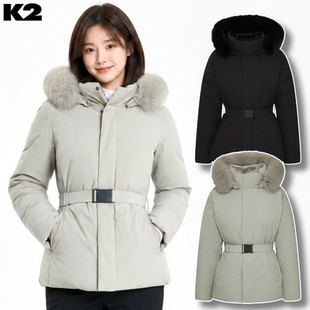 反季特价 韩国代购 K2 冬 女 防水中长款连帽收腰鹅绒羽绒服