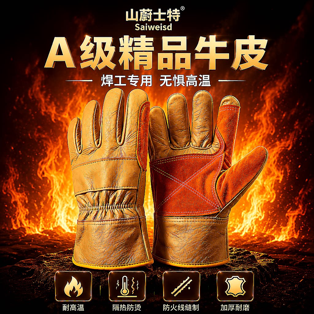 山蔚士特电焊手套牛皮耐高温隔热防烫耐磨工作男短款防护焊工专用
