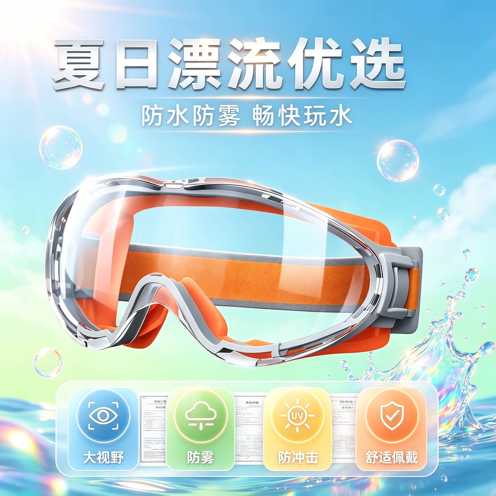 漂流防雾防水抗冲击近视护目镜