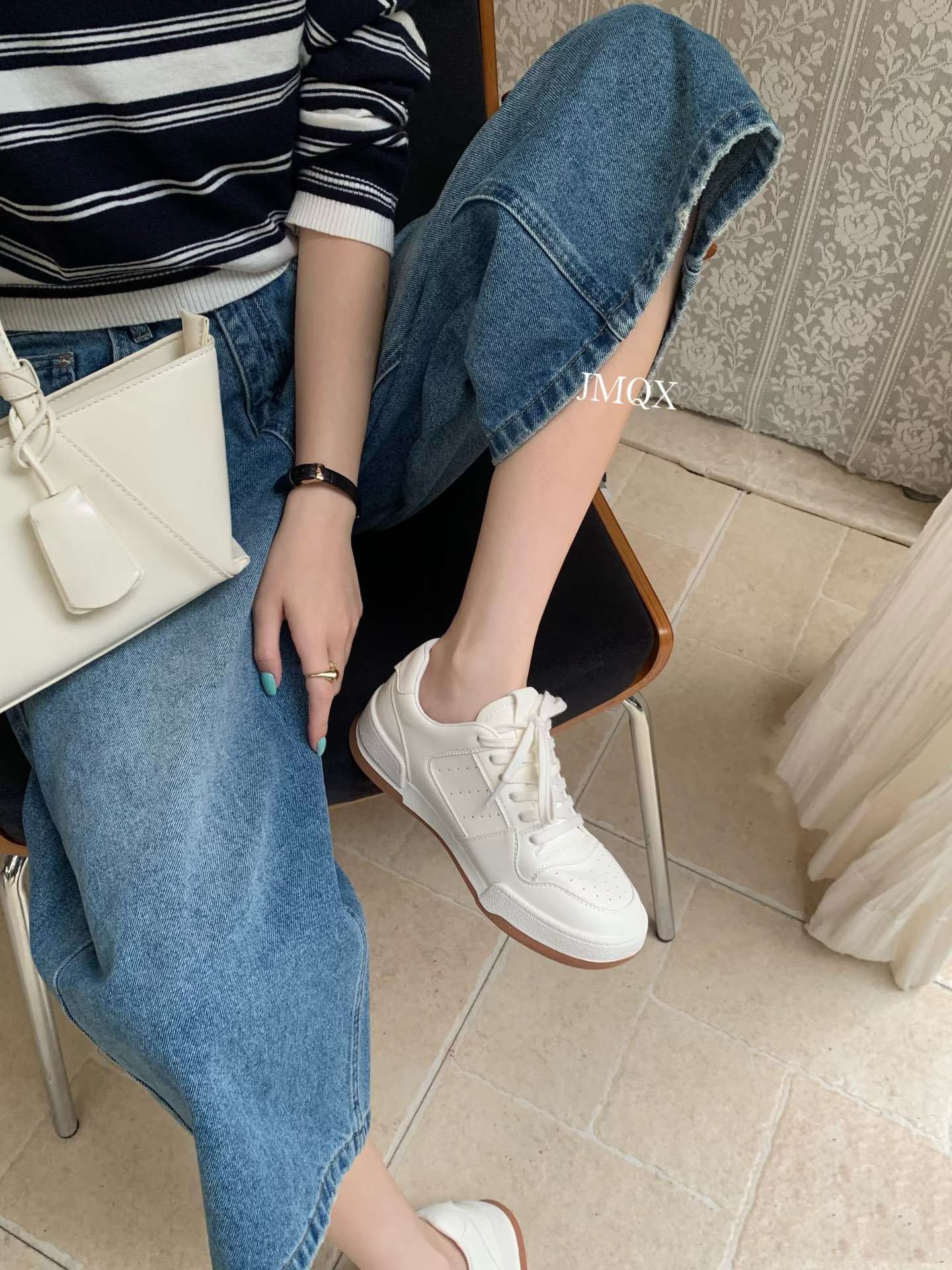 早秋新款纯牛皮圆头厚底低帮鞋系带休闲时尚运动学生板鞋小白鞋女