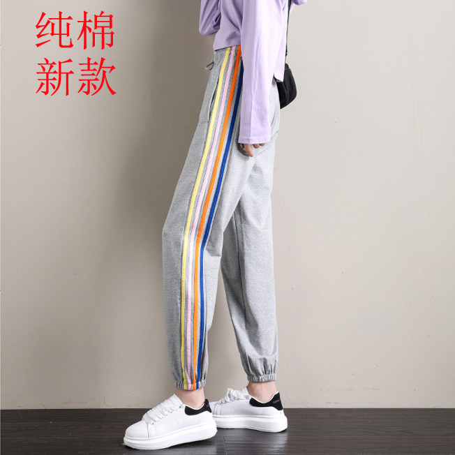 灰色运动裤女2023秋季新款束脚彩杠纯棉休闲长裤高中初中学生裤子