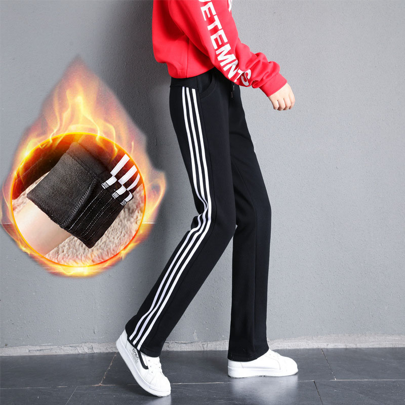 初中高中学生直筒运动裤女春秋冬加绒加厚三道杠休闲卫裤纯棉裤子