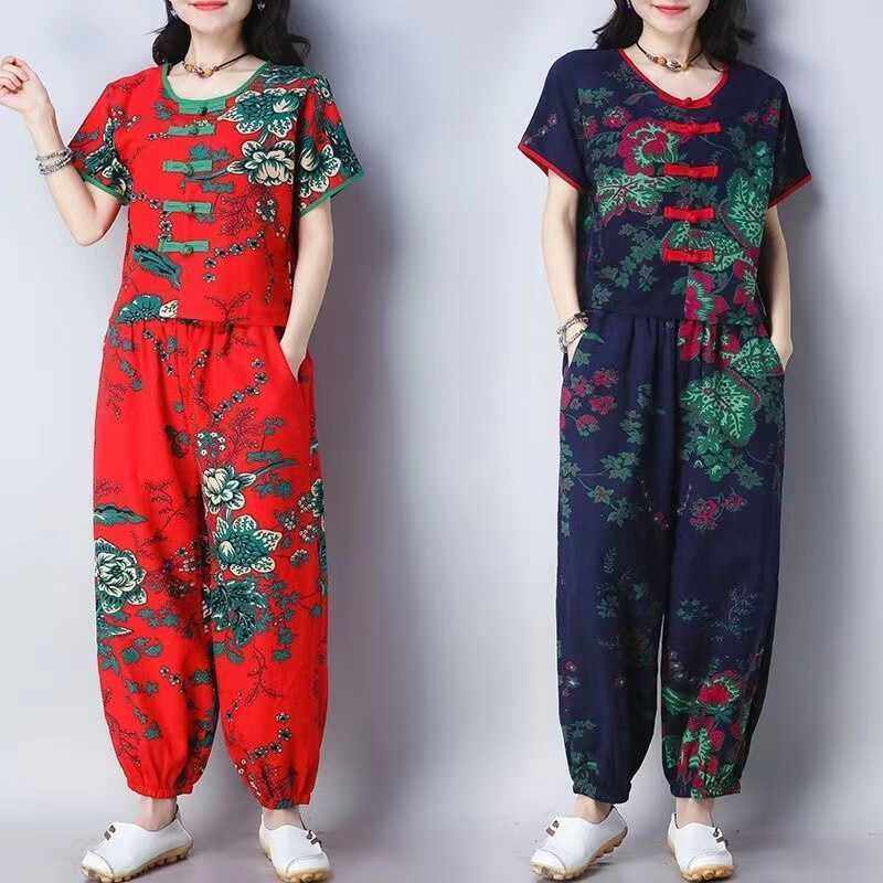 棉麻套装女夏季短袖长裤两件套民族风中老年妈妈印花大码宽松女装