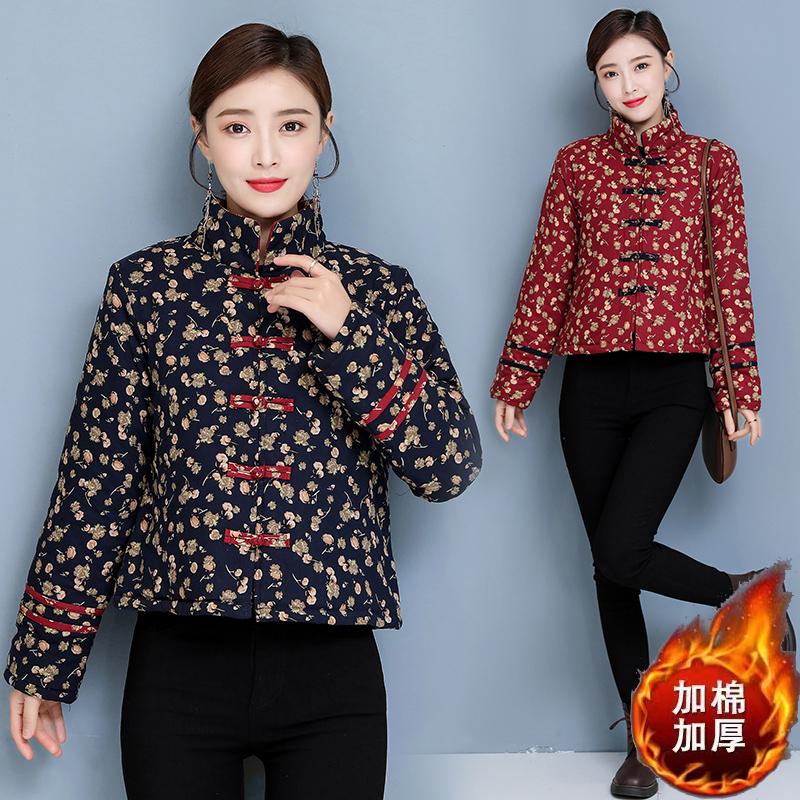 秋冬季民族风碎花唐装棉袄女款小个子短款拼接中年妈妈装棉衣外套