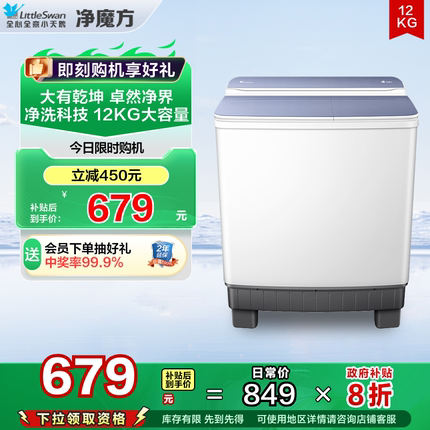 【净魔方】小天鹅12KG大容量双桶双缸半自动洗衣机波轮TP12S156