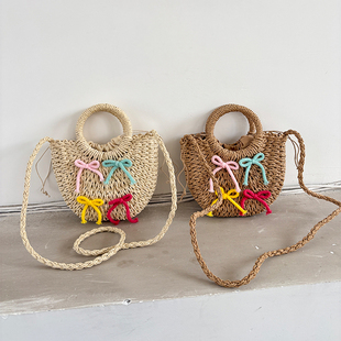 蝴蝶结草编包编织斜挎包抽绳束口袋时尚手提包单肩斜挎包沙滩度假