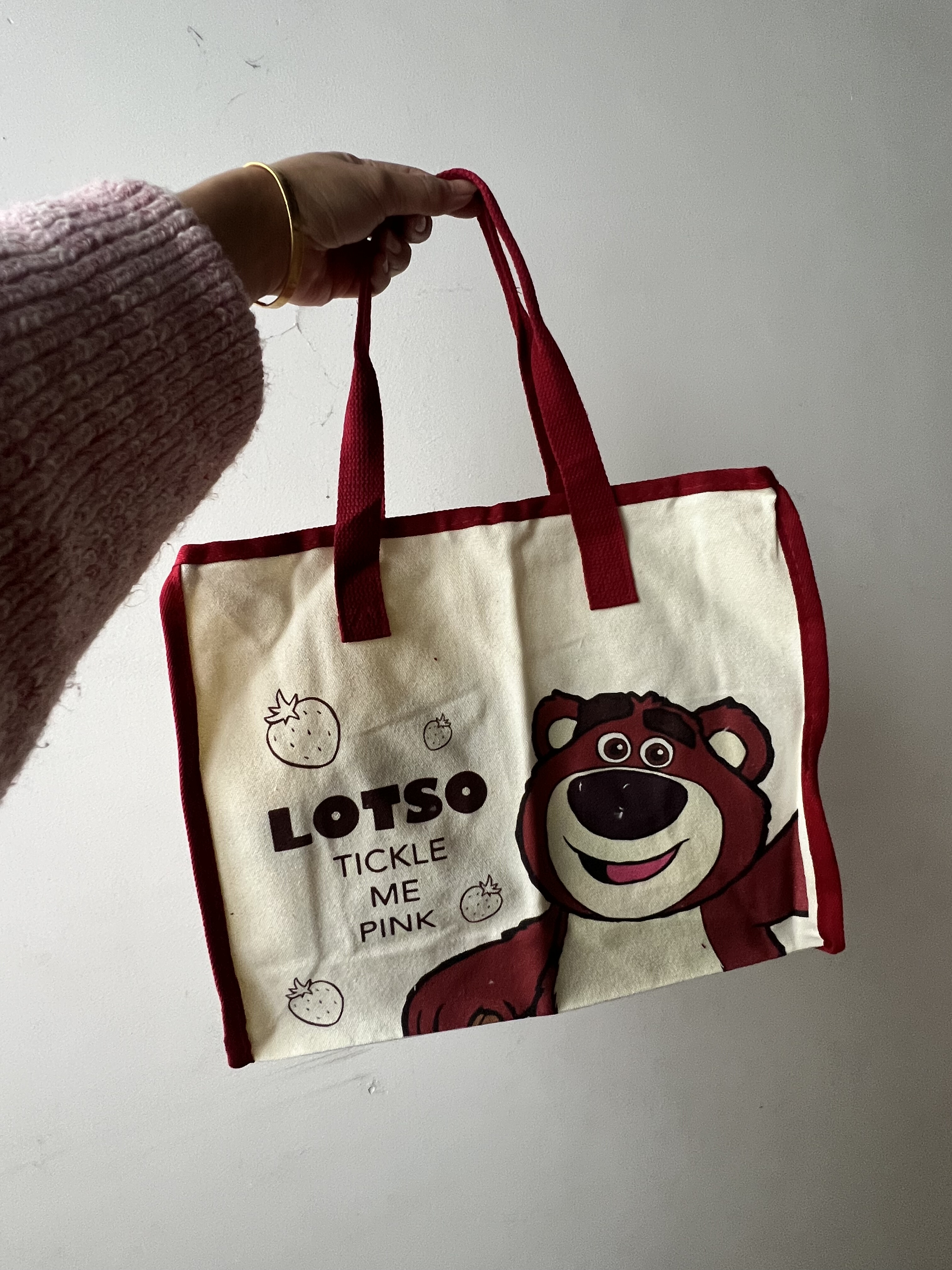 草莓熊帆布包上班手提袋子森系百搭单肩包大容量外出通勤包手提袋