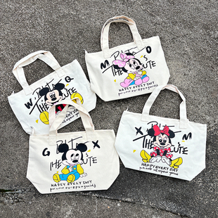 带拉链卡通帆布包大容量单肩包可爱通勤托特大号逛街购物袋环保袋