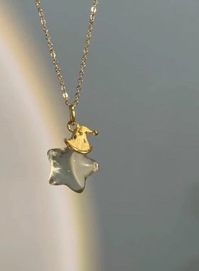 S925纯银金色拉丝戴帽子星星黄水晶项链圣诞星轻奢精致可爱毛衣链