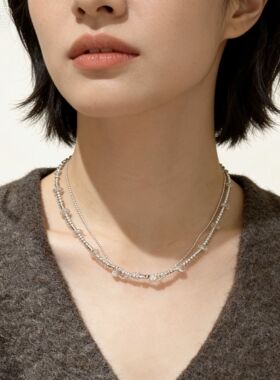 S925纯银韩版小众设计感复古串珠白水晶双层锁骨链韩系时髦INS风