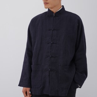 慈航布衣传统手工盘扣藏青色双股纱线亚麻外套