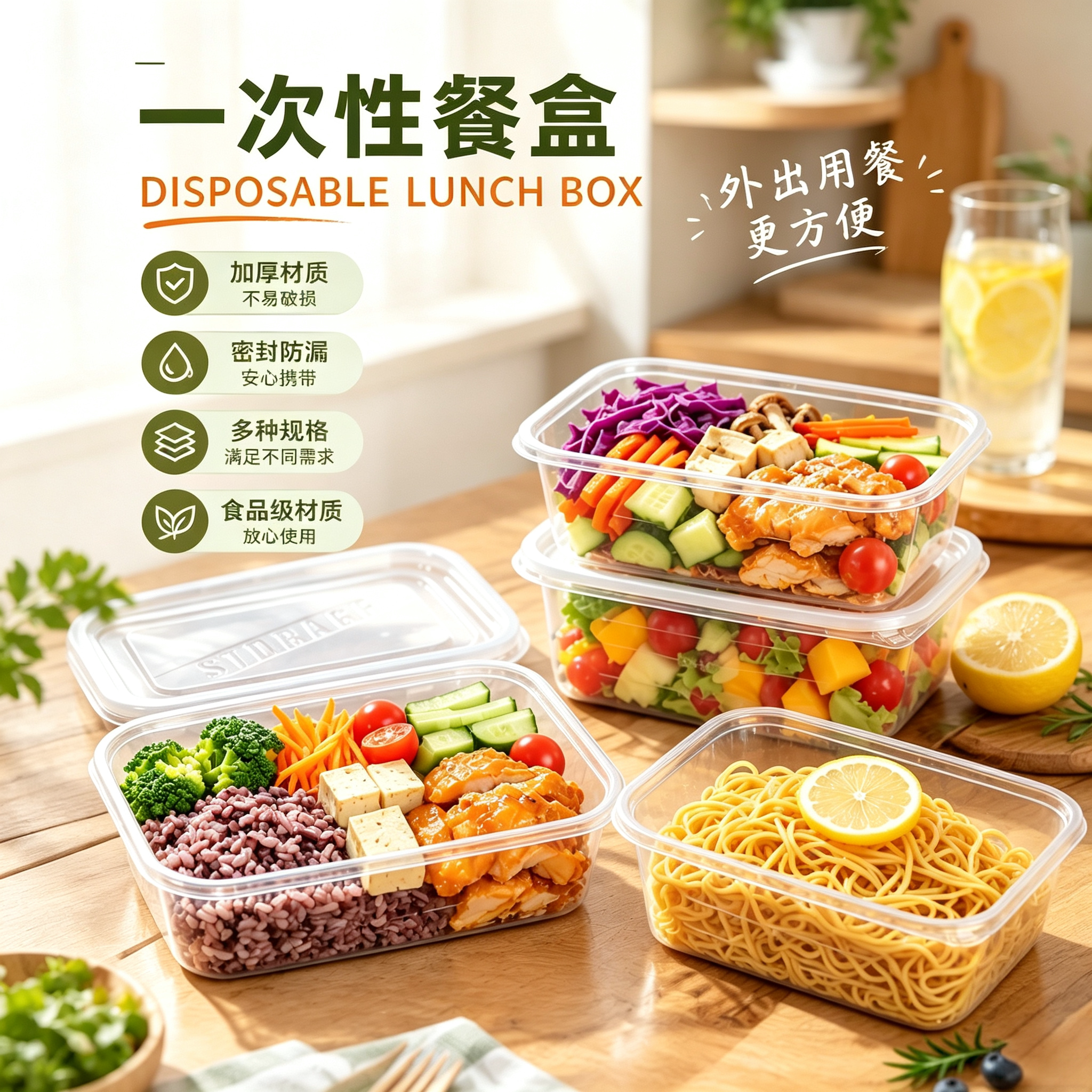 一次性便当盒食品级PP便携密封防漏多规格上班族外出用餐带饭餐盒