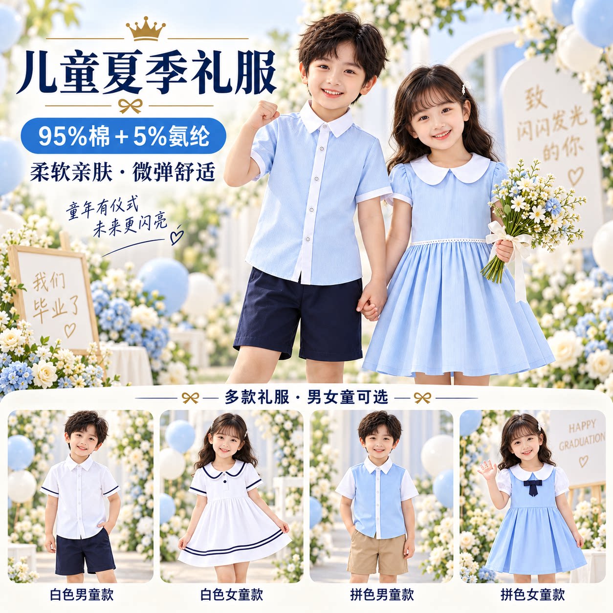 深圳学院风校服幼儿园园服儿童蓝色衬衫百褶裙礼服学生表演演出服