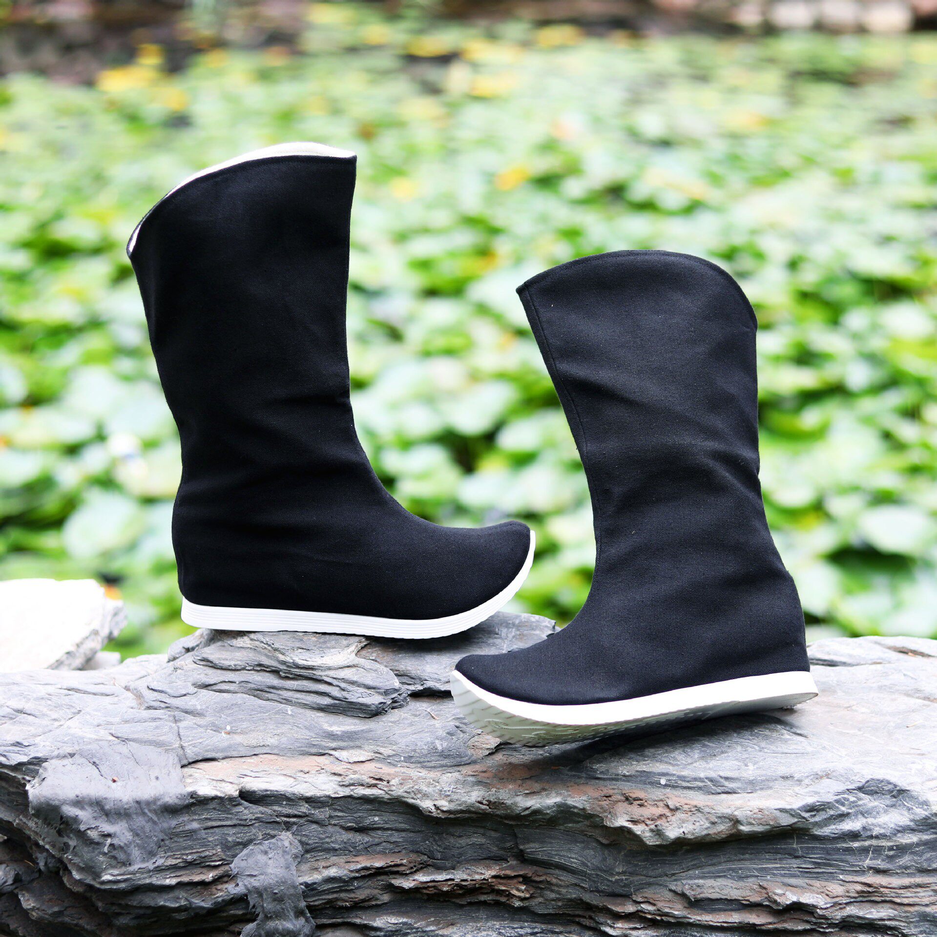 秋冬汉服靴子古风男鞋厚底增高素面古装百搭翘头长筒明制皂靴