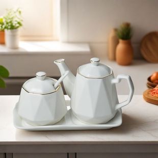 陶瓷醋壶调味罐套装收纳家用餐厅厨房用品描金油壶糖盐调味罐辣椒