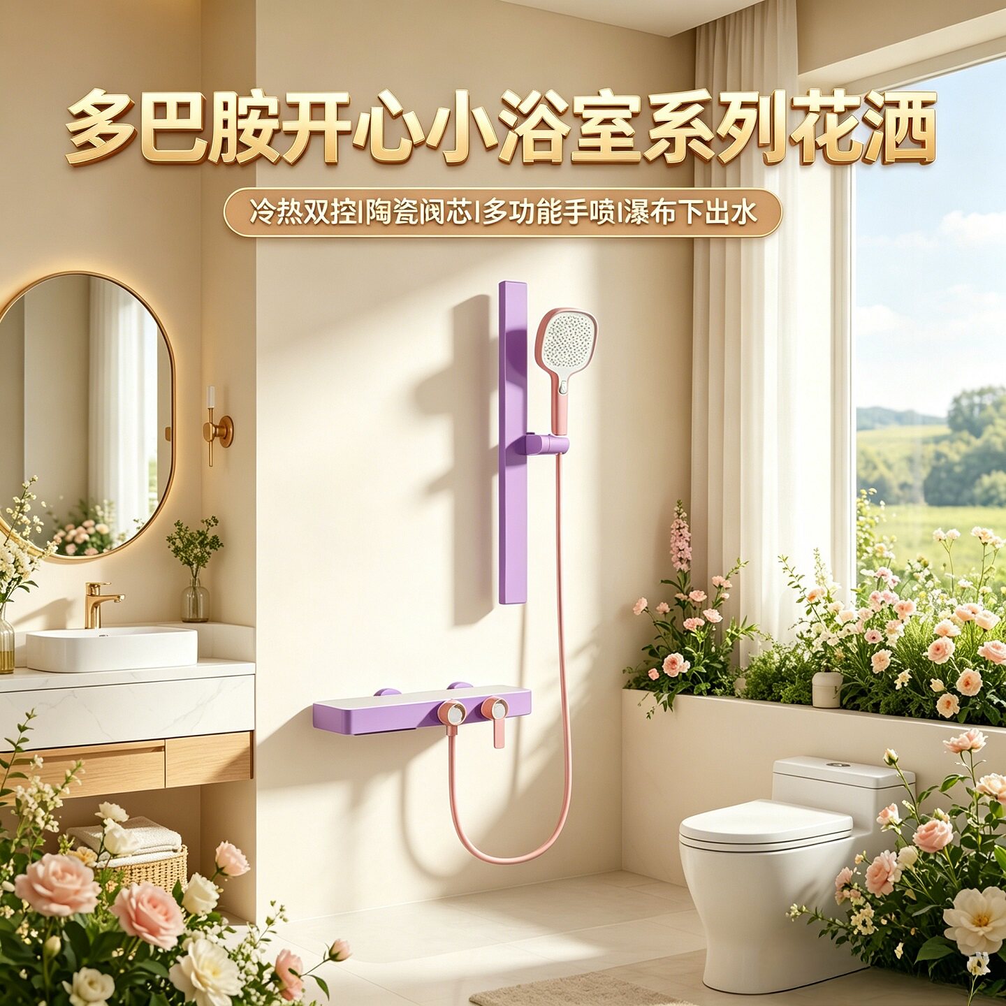 菲仕乐全铜糖果多巴胺浴室家用卫生间简易顶喷冷热淋浴花洒套装