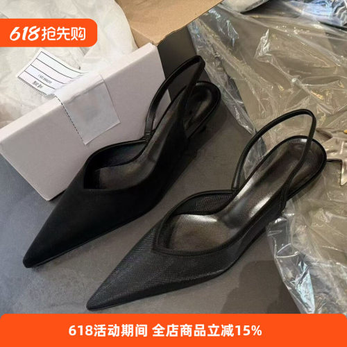 韩版新款简约风尖头细跟后空凉鞋女黑色猫跟百搭时尚高跟鞋