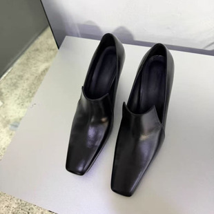 2025秋冬新款高级感复古气质方头高跟鞋一脚蹬粗跟深口小皮鞋单鞋