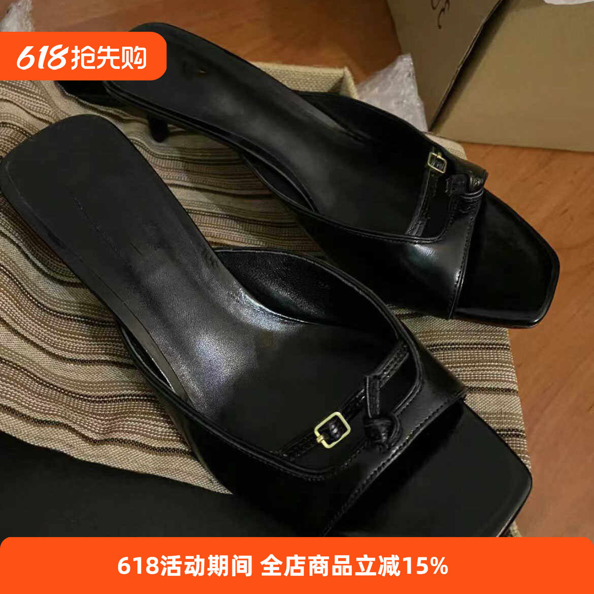 25新款牛皮小猫跟凉鞋简约拖鞋女外穿小众设计一脚蹬高跟沙滩鞋