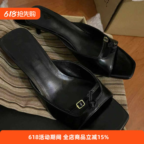 25新款牛皮小猫跟凉鞋简约拖鞋女外穿小众设计一脚蹬高跟沙滩鞋