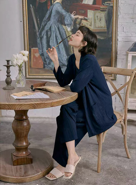 DEFINE法式睡衣女春秋款长裤背心休闲开衫棉家居服三件套可外穿