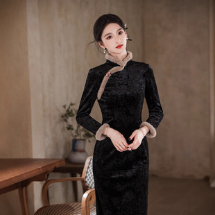 长袖 复古老上海长袖 气质感修身 新款 旗袍 加绒加厚旗袍2024冬季
