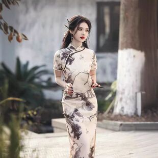 堇印花长款 苏堇禾新中式 扣旗袍春夏皱侧旗袍高级优化水墨画新款