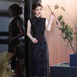 气质现货扎染2025春夏旗袍黑色旗袍 新中式 苏堇高级感单层新款 长款