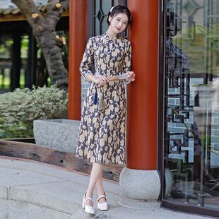 名丽新品素雅优雅旗袍蕾丝印花复合风气质复古少女旗袍改良三色民