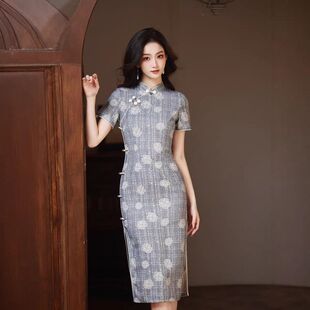 曼玉日常短袖优雅连衣裙长款新款夏季提花山茶花2026改良旗袍气质