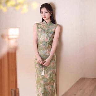 风无袖 油画旗袍长款 旗袍江南新中式 苏堇旗袍2026烟雨春夏绿色新款
