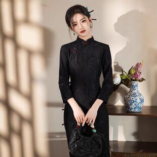 曼玉旗袍改良版民国素雅黑色苏式收腰2024七分袖秋季连衣裙修身新