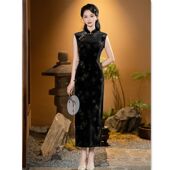 国风黑色旗袍简约大气旗袍2025无袖 索宇绒港风秋单层新款 韩国长款