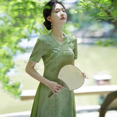 爱旗绿色新中式女改良旗袍复古