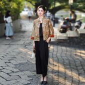 外套三件套 盘扣旗袍温婉印花立领子国风新中式 曼玉气质秋装 内搭裤