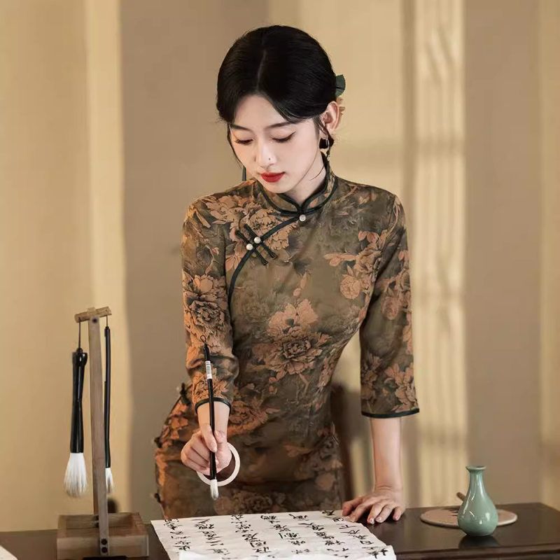 红韵复古秋季2024风旗袍素雅印花民国气质仿花罗改良连衣裙优雅长