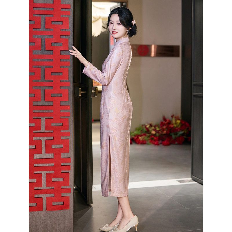 洛士蕾丝礼服裙女粉色长款旗袍