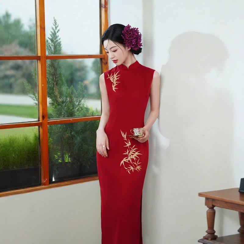 曼玉改良风长款连衣裙民国醋酸年轻红色刺绣2025新中式款旗袍双层