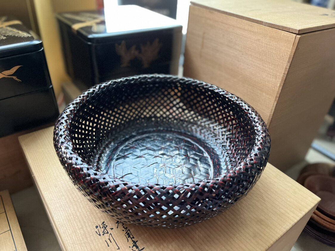 日本蓝胎漆器竹制品 竹编漆器  果盘 小花篮 茶道摆件