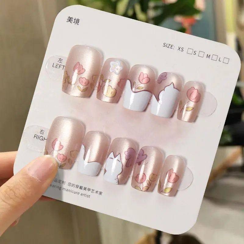 手工儿童美甲穿戴甲感短款花园玫瑰猫眼假指甲贴片2026年新款,彩妆/香水/美妆工具,美甲工具,淘宝优惠券,粉丝福利购,淘宝优惠卷