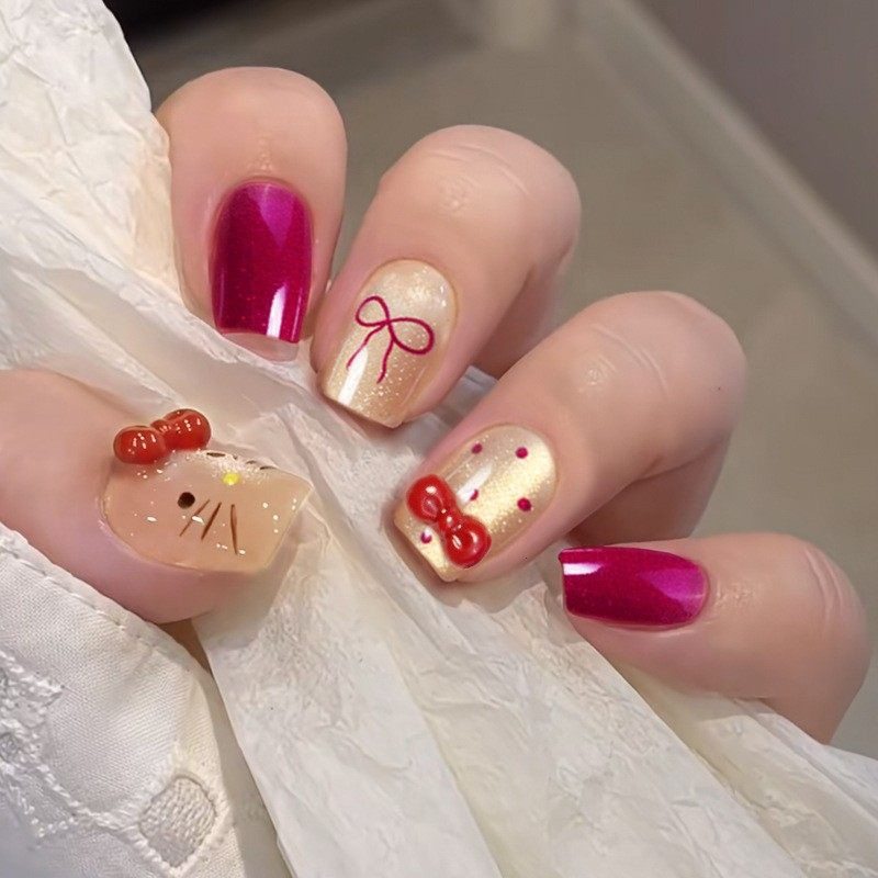 2026年新款儿童美甲穿戴甲感短款紫色猫咪蝴蝶结30片假指甲贴,彩妆/香水/美妆工具,美甲工具,淘宝优惠券,粉丝福利购,淘宝优惠卷