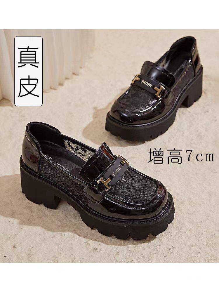 小个子网鞋女透气网面乐福鞋真皮网纱鞋子黑色高跟增高7cm小皮鞋