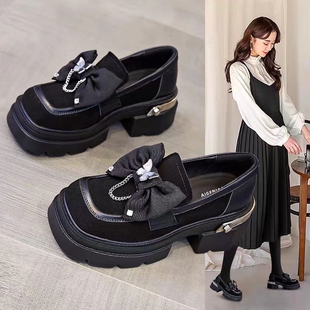 厚底内增高头层牛皮乐福鞋 蝴蝶结小皮鞋 配裙子单鞋 新款 女2023秋季