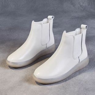 外贸头层牛皮真皮白色切尔西短靴女春秋单靴平底软底短筒马丁靴女