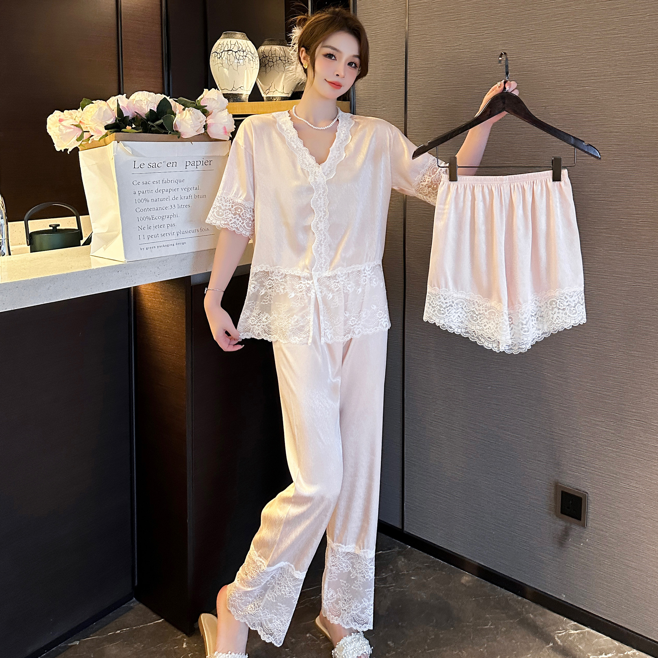 维多利亚真丝性感蕾丝睡衣套装女