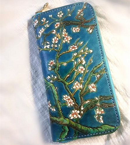 定制  手工 进口 雕刻 植鞣皮 梵高杏花 手包
